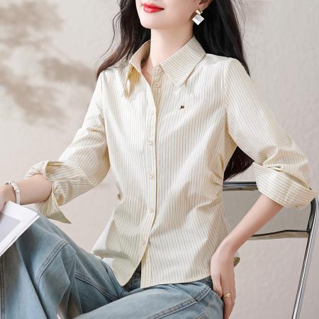 BY13264# 春季新款条纹衬衣女修身显瘦精美刺绣长袖上衣 服裝批發女裝批發服飾貨源