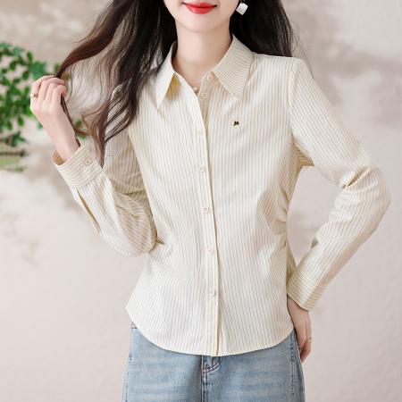 BY13264# 春季新款条纹衬衣女修身显瘦精美刺绣长袖上衣 服裝批發女裝批發服飾貨源