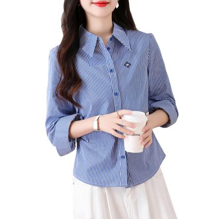 BY13264# 春季新款条纹衬衣女修身显瘦精美刺绣长袖上衣 服裝批發女裝批發服飾貨源