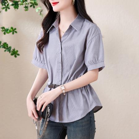 BY13265# 夏季新款短袖衬衣女收腰显瘦翻领条纹上衣 服裝批發女裝批發服飾貨源
