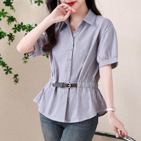 BY13265# 夏季新款短袖衬衣女收腰显瘦翻领条纹上衣 服裝批發女裝批發服飾貨源