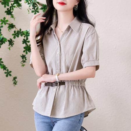 BY13265# 夏季新款短袖衬衣女收腰显瘦翻领条纹上衣 服裝批發女裝批發服飾貨源
