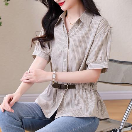 BY13265# 夏季新款短袖衬衣女收腰显瘦翻领条纹上衣 服裝批發女裝批發服飾貨源