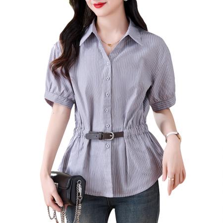 BY13265# 夏季新款短袖衬衣女收腰显瘦翻领条纹上衣 服裝批發女裝批發服飾貨源