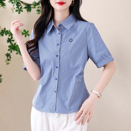 BY13267# 夏季新款条纹衬衫女修身显瘦精美刺绣翻领短袖衬衫 服裝批發女裝批發服飾貨源