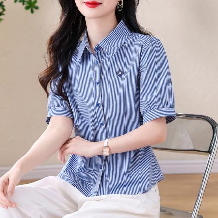 BY13267# 夏季新款条纹衬衫女修身显瘦精美刺绣翻领短袖衬衫 服裝批發女裝批發服飾貨源