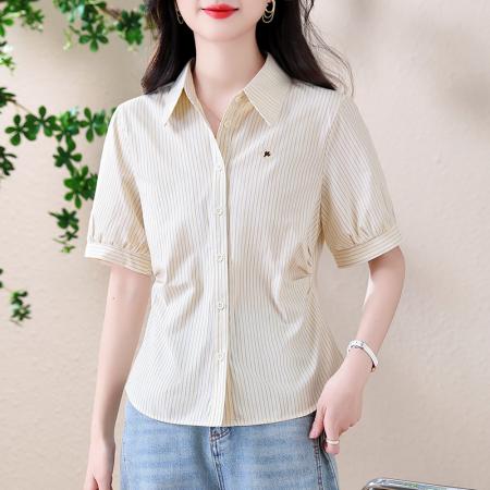 BY13267# 夏季新款条纹衬衫女修身显瘦精美刺绣翻领短袖衬衫 服裝批發女裝批發服飾貨源