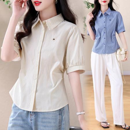 BY13267# 夏季新款条纹衬衫女修身显瘦精美刺绣翻领短袖衬衫 服裝批發女裝批發服飾貨源