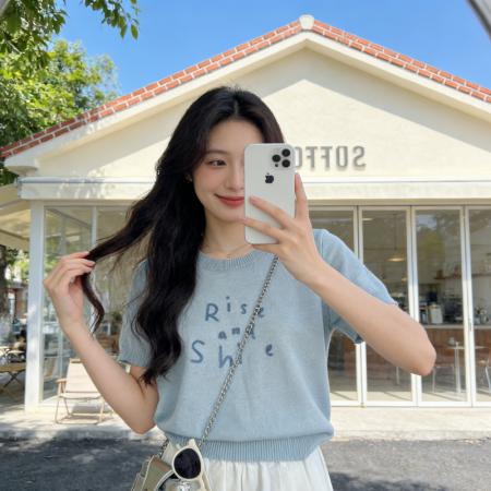 BY13271# 夏季新款韩系少女减龄百搭显瘦撞色ins字母刺绣短袖针织 服裝批發女裝批發服飾貨源