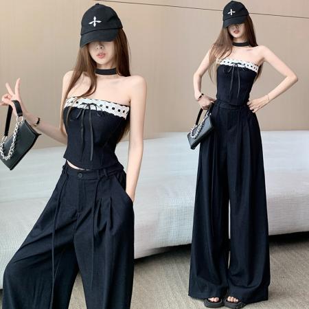 BY13280# 纯欲风天丝牛仔性感辣妹抹胸上衣阔腿裤巨好看的套装女春夏两件套 服裝批發女裝批發服飾貨源