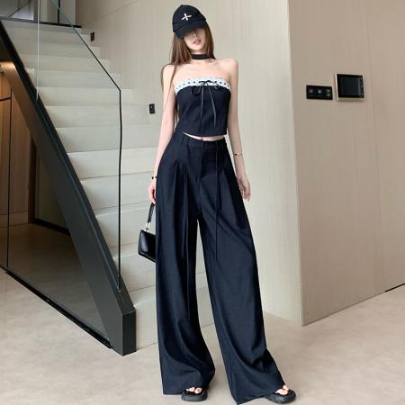 BY13280# 纯欲风天丝牛仔性感辣妹抹胸上衣阔腿裤巨好看的套装女春夏两件套 服裝批發女裝批發服飾貨源