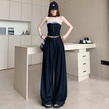 BY13280# 纯欲风天丝牛仔性感辣妹抹胸上衣阔腿裤巨好看的套装女春夏两件套 服裝批發女裝批發服飾貨源