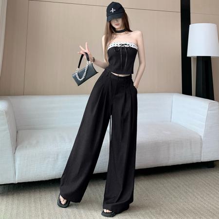 BY13280# 纯欲风天丝牛仔性感辣妹抹胸上衣阔腿裤巨好看的套装女春夏两件套 服裝批發女裝批發服飾貨源