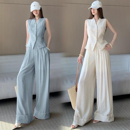 BY13281# 老钱风时尚v领蕾丝马甲高级感显瘦休闲裤设计翻边阔腿长裤女套装 服裝批發女裝批發服飾貨源