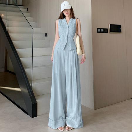 BY13281# 老钱风时尚v领蕾丝马甲高级感显瘦休闲裤设计翻边阔腿长裤女套装 服裝批發女裝批發服飾貨源