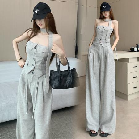 BY13282# 纯欲风性感辣妹抹胸上衣阔腿裤绝美巨好看的套装女春季新款两件套 服裝批發女裝批發服飾貨源