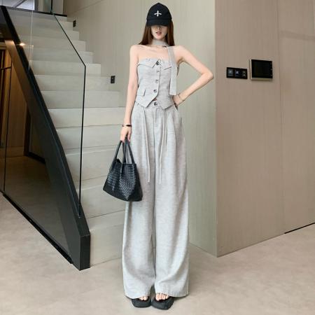 BY13282# 纯欲风性感辣妹抹胸上衣阔腿裤绝美巨好看的套装女春季新款两件套 服裝批發女裝批發服飾貨源