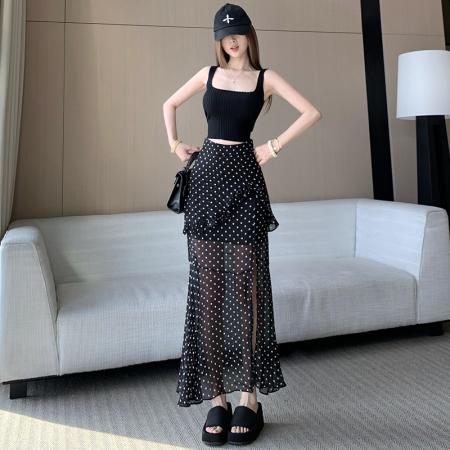 BY13283# 法式纯欲辣妹风波点半裙女夏季新款黑色荷叶边开叉显瘦鱼尾长裙子 服裝批發女裝批發服飾貨源