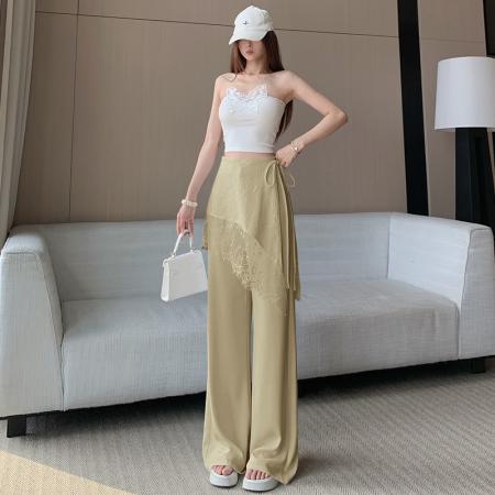 BY13284# 咖色蕾丝拼接屁帘西装阔腿裤女垂感气质高腰长裤拖地直筒休闲裤 服裝批發女裝批發服飾貨源