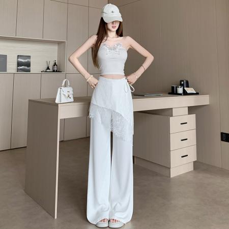 BY13284# 咖色蕾丝拼接屁帘西装阔腿裤女垂感气质高腰长裤拖地直筒休闲裤 服裝批發女裝批發服飾貨源