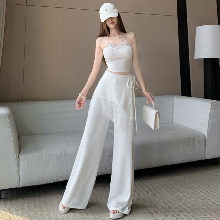 BY13284# 咖色蕾丝拼接屁帘西装阔腿裤女垂感气质高腰长裤拖地直筒休闲裤 服裝批發女裝批發服飾貨源