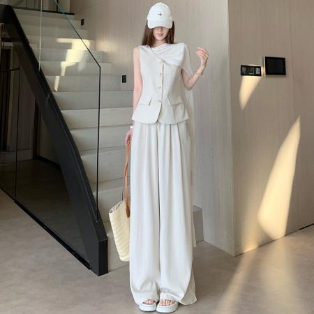 BY13285# 飘带丝巾老钱风马甲+高腰阔腿裤套装女春夏新款高级感洋气两件套 服裝批發女裝批發服飾貨源