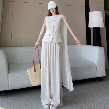 BY13285# 飘带丝巾老钱风马甲+高腰阔腿裤套装女春夏新款高级感洋气两件套 服裝批發女裝批發服飾貨源