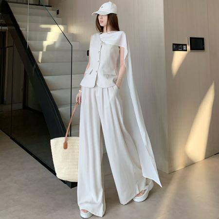 BY13285# 飘带丝巾老钱风马甲+高腰阔腿裤套装女春夏新款高级感洋气两件套 服裝批發女裝批發服飾貨源