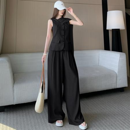 BY13285# 飘带丝巾老钱风马甲+高腰阔腿裤套装女春夏新款高级感洋气两件套 服裝批發女裝批發服飾貨源