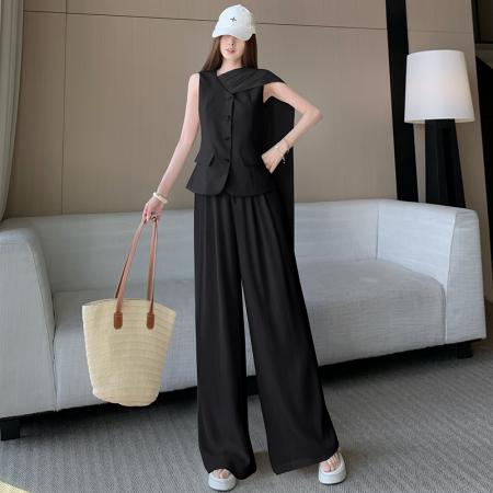 BY13285# 飘带丝巾老钱风马甲+高腰阔腿裤套装女春夏新款高级感洋气两件套 服裝批發女裝批發服飾貨源