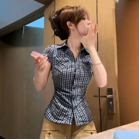 BY13288# 原版面料美式复古撞色格子短袖衬衫夏季修身显瘦百搭上衣 服裝批發女裝批發服飾貨源