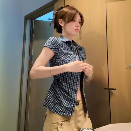 BY13288# 原版面料美式复古撞色格子短袖衬衫夏季修身显瘦百搭上衣 服裝批發女裝批發服飾貨源