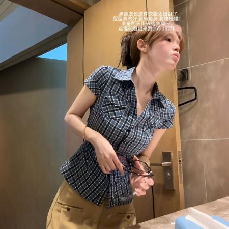 BY13288# 原版面料美式复古撞色格子短袖衬衫夏季修身显瘦百搭上衣 服裝批發女裝批發服飾貨源