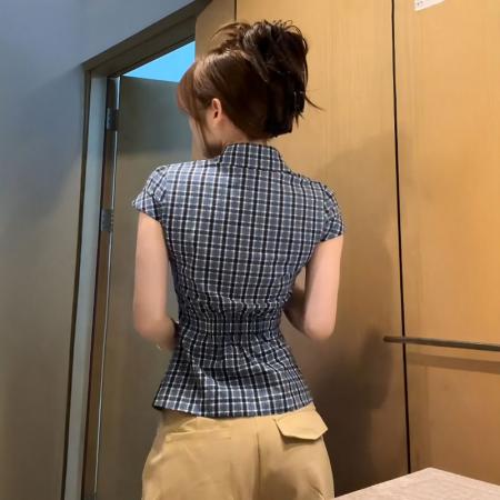 BY13288# 原版面料美式复古撞色格子短袖衬衫夏季修身显瘦百搭上衣 服裝批發女裝批發服飾貨源