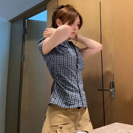 BY13288# 原版面料美式复古撞色格子短袖衬衫夏季修身显瘦百搭上衣 服裝批發女裝批發服飾貨源