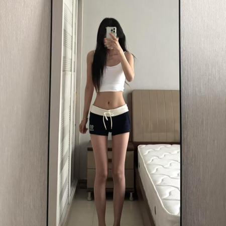 BY13289# 美式辣妹撞色低腰运动短裤女夏季外穿居家休闲三分热裤子 服裝批發女裝批發服飾貨源