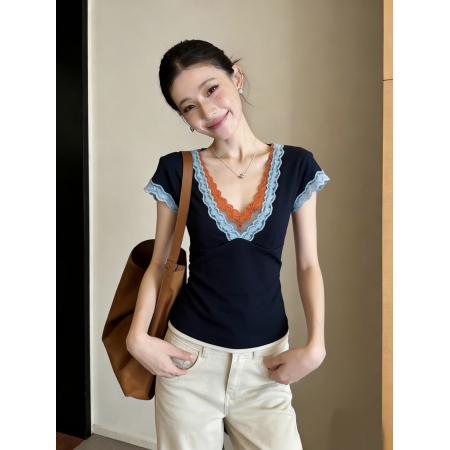 BY13291# 韩版纯欲风撞色蕾丝拼接V领短袖上衣女春季新款设计感 服裝批發女裝批發服飾貨源