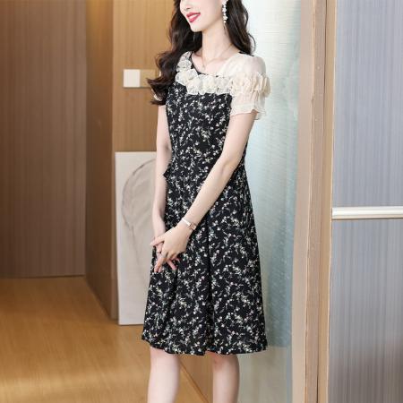 BY13293# 黑色碎花雪纺飘带连衣裙女荷叶边遮肚百搭优雅时尚甜美女装裙 服裝批發女裝批發服飾貨源