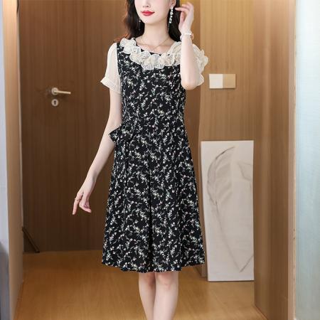 BY13293# 黑色碎花雪纺飘带连衣裙女荷叶边遮肚百搭优雅时尚甜美女装裙 服裝批發女裝批發服飾貨源