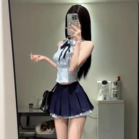 BY13294# 韩系学院风套装女夏季别致辣妹挂脖背心上衣高腰百褶半身裙两件套 服裝批發女裝批發服飾貨源