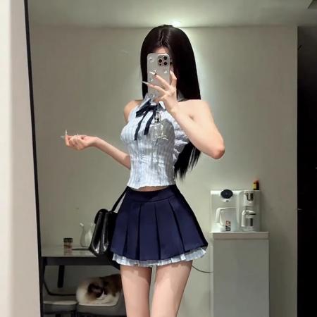 BY13294# 韩系学院风套装女夏季别致辣妹挂脖背心上衣高腰百褶半身裙两件套 服裝批發女裝批發服飾貨源