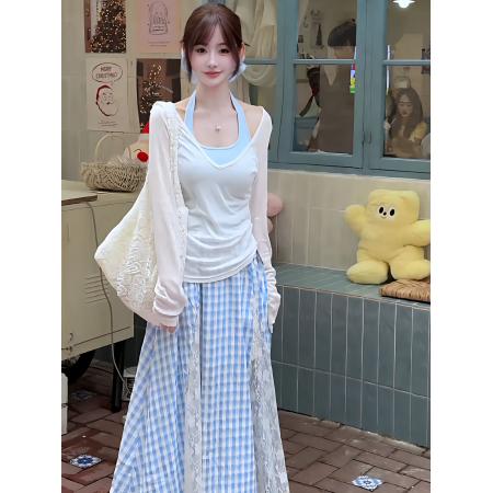 BY13296# 不规则蕾丝蓝色格子半身裙女夏季新款裙子海边穿搭度假长裙子 服裝批發女裝批發服飾貨源