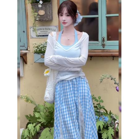 BY13296# 不规则蕾丝蓝色格子半身裙女夏季新款裙子海边穿搭度假长裙子 服裝批發女裝批發服飾貨源