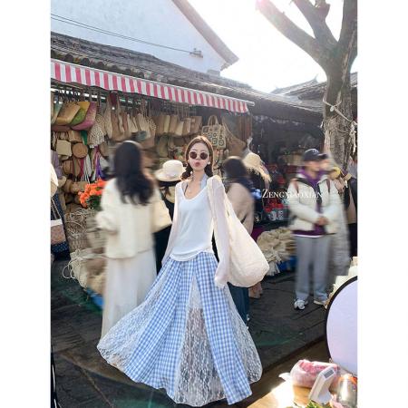 BY13296# 不规则蕾丝蓝色格子半身裙女夏季新款裙子海边穿搭度假长裙子 服裝批發女裝批發服飾貨源