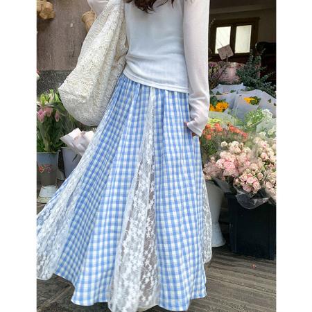 BY13296# 不规则蕾丝蓝色格子半身裙女夏季新款裙子海边穿搭度假长裙子 服裝批發女裝批發服飾貨源