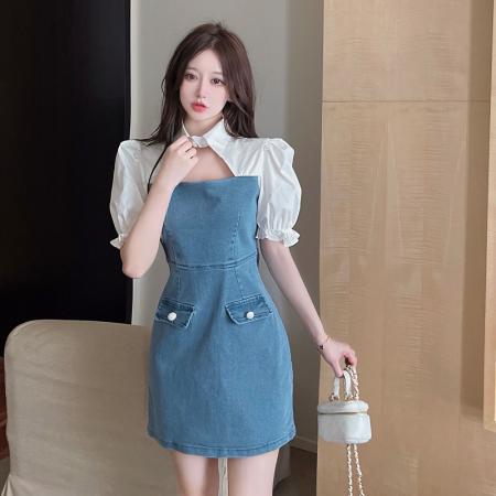 BY13298# 新款拼接法式设计感泡泡袖小众气质名媛A字牛仔连衣裙女 服裝批發女裝批發服飾貨源