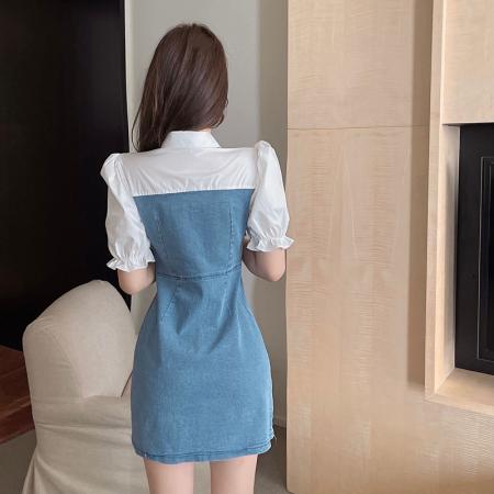 BY13298# 新款拼接法式设计感泡泡袖小众气质名媛A字牛仔连衣裙女 服裝批發女裝批發服飾貨源