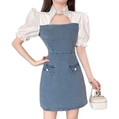 BY13298# 新款拼接法式设计感泡泡袖小众气质名媛A字牛仔连衣裙女 服裝批發女裝批發服飾貨源