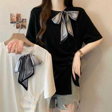 BY13315# 领口丝巾设计T恤大码女装时髦别致上衣胖mm夏新款 服裝批發女裝批發服飾貨源