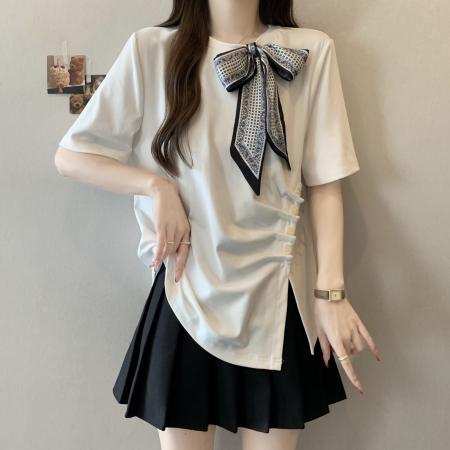 BY13315# 领口丝巾设计T恤大码女装时髦别致上衣胖mm夏新款 服裝批發女裝批發服飾貨源